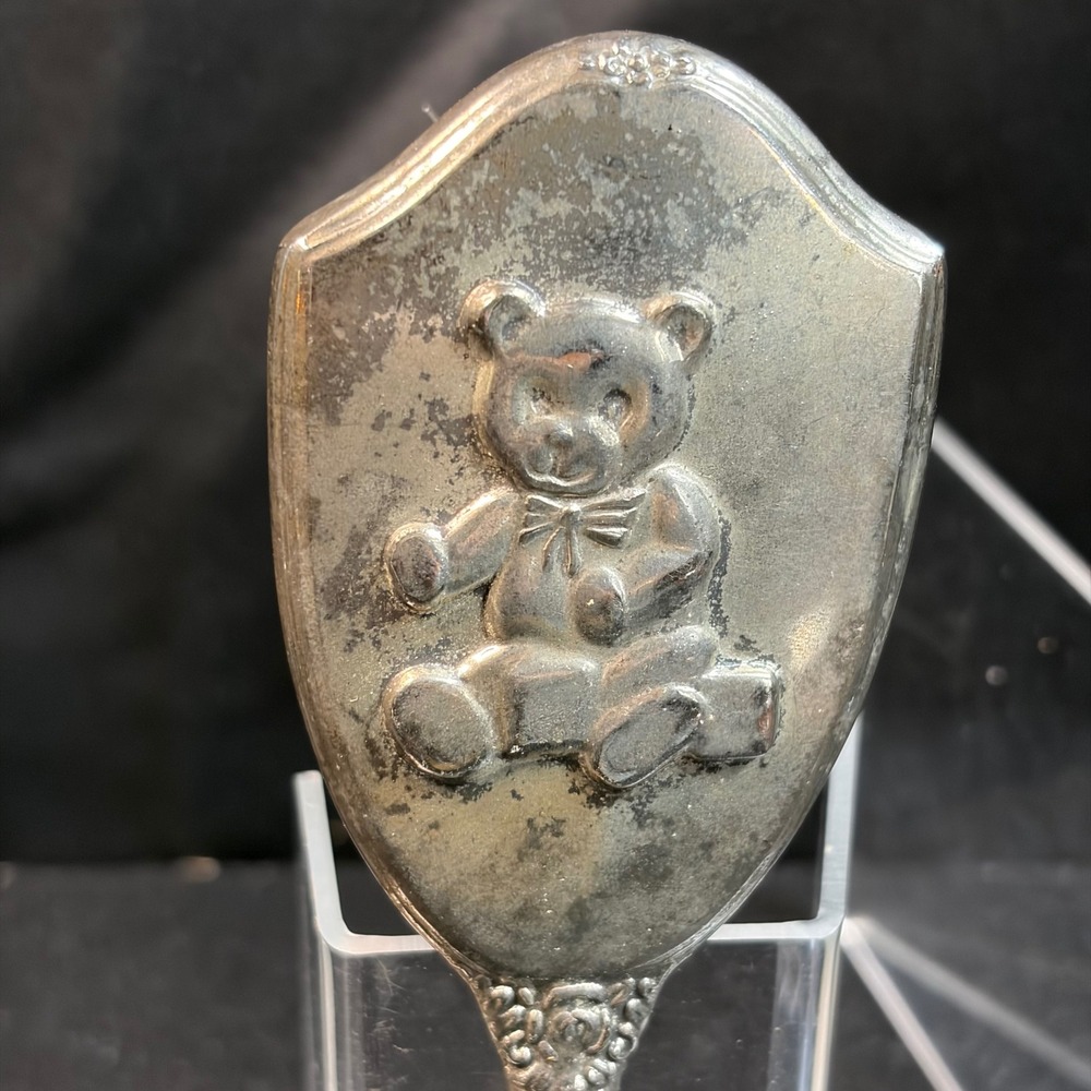 Vintage Silver Plated Baby Brush Teddy Bear Shield Embossed Nursery Decor 5.5in